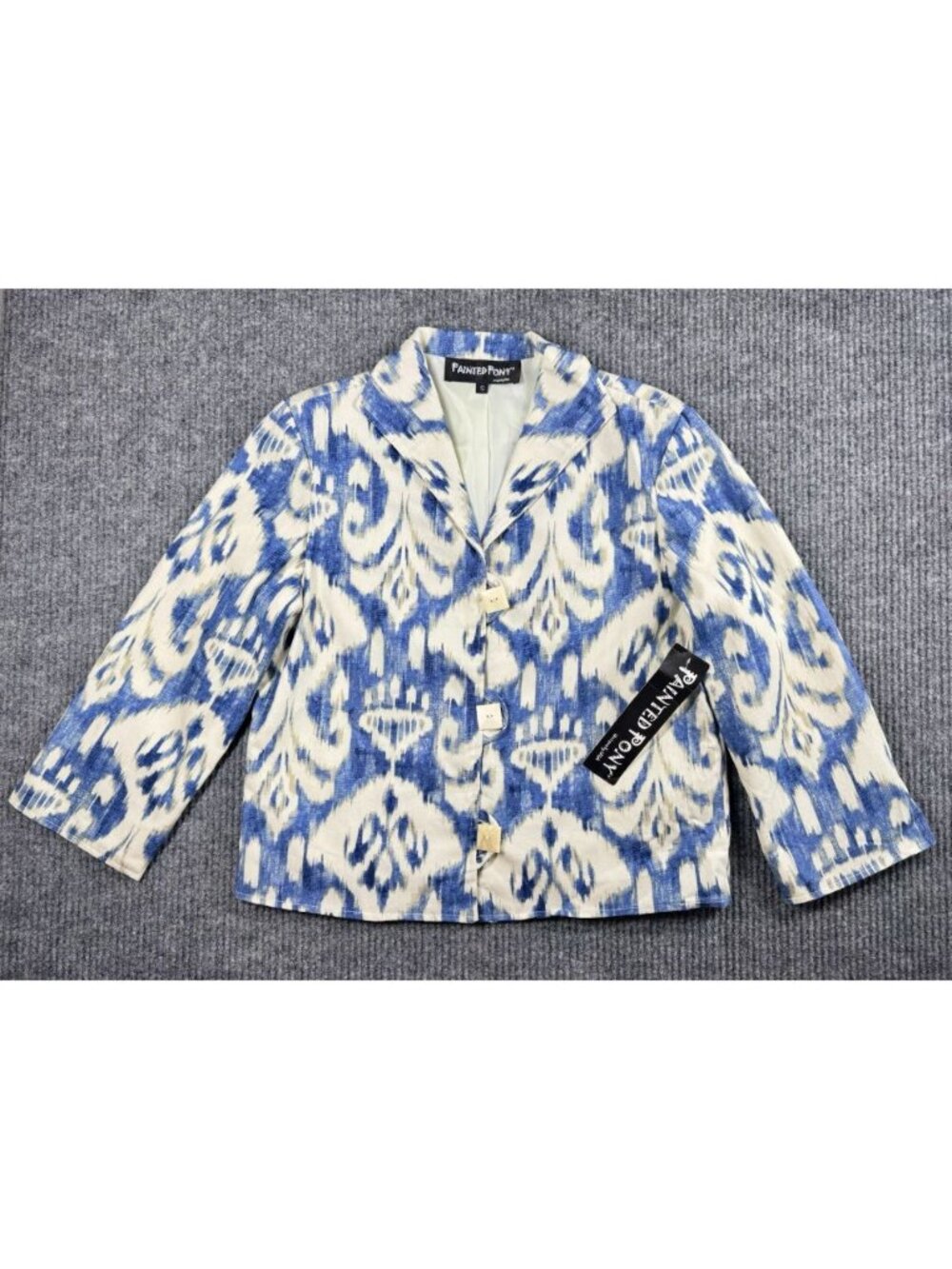 Vintage Painted Pony Jacket Womens Small Blue Cream Ikat Blazer Square Buttons